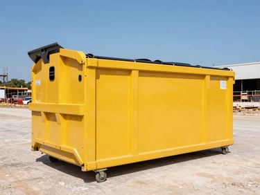 Clean yellow 20-yard roll-off dumpster on a commercial development site in Houston, midday sun, wide-angle lens.