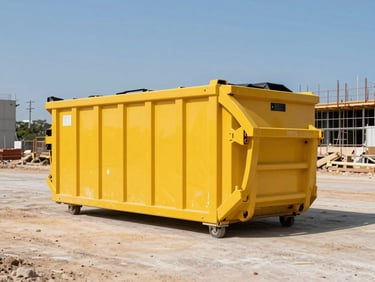 Clean yellow 30-yard roll-off dumpster on a large construction site in Houston, harsh Texas daylight, heroic low-angle.