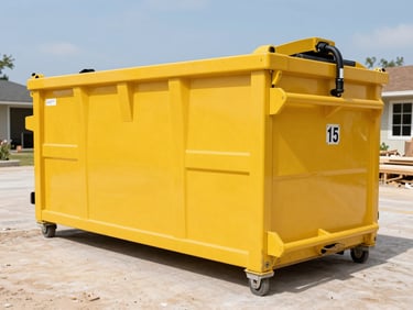 Clean yellow 15-yard roll-off dumpster on a residential renovation site in Houston, bright Texas daylight, low-angle shot.