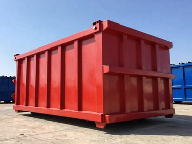 Low-angle heroic shot of a massive 40-yard industrial steel roll-off dumpster at the Hardy Road yard, bright high-contrast Texas daylight, other dumpsters blurred in background.