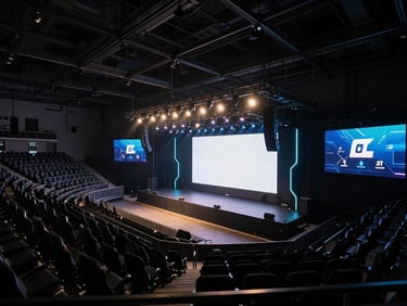 Wide environmental shot of a modern, empty esports arena with stage lighting and large screens, conveying scale and professionalism.