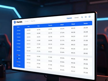 Clean UI mockup of a financial dashboard indicating brand investment in esports, neon blue highlights, structured data grid.