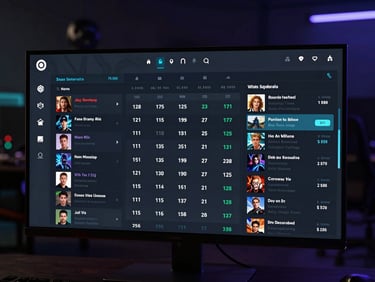 Clean UI mockup of a game telemetry screen with player stats and popular game titles, screen glow, dark interface.