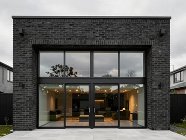 A crisp architectural shot of a modern house extension with clean brickwork and large glass doors under overcast North West daylight.