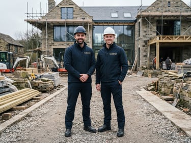 Environmental portrait of Jon and Coby Glennon standing on a high-end residential build site in Rochdale, wearing clean branded gear, overcast North West daylight, 35mm lens.