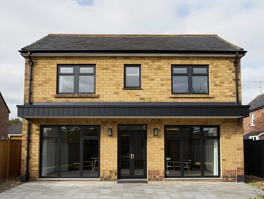 Straight-on architectural elevation of a completed double-storey house extension in Rochdale, featuring flawless brickwork and large glass doors, overcast daylight.