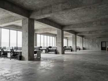 Wide environmental shot of a modern, structured workspace with architectural concrete pillars, clean lines, and natural side-lighting, empty of people to emphasize spatial order.