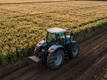 A modern tractor equipped with GPS receivers operating in a vast field of golden wheat, crisp early morning light, rich loam soil textures.