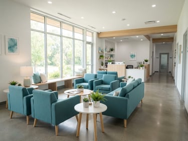 Wide shot of a modern, clean clinic waiting room with minimalist wood and teal furniture, bright natural daylight streaming through large windows, sharp focus.
