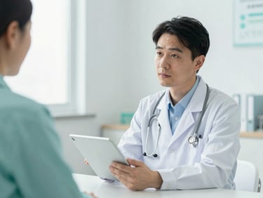 Medium shot of a professional doctor in a clean white coat discussing digital records on a tablet with a patient, soft natural daylight, clinical teal and white tones, sharp focus.