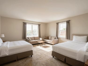 Spacious family suite with two beds, clean linens, and a small seating area, natural daylight, wide-angle.