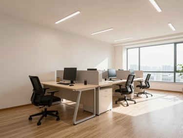 Modern business-friendly room with a work desk, ergonomic chair, and good lighting, clean and uncluttered, wide-angle.