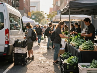 Wide shot of an active urban farmers market floor mid-morning — vendors unloading crates from a van to the left, a stallholder arranging bunched kale under a canvas awning, shoppers browsing in the background, golden morning light raking across the stalls