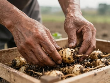 Extreme close-up of a farmer's hands sorting muddy root vegetables on a wooden crate at first light, fingers calloused, soil visible in every crease, shallow depth of field, natural overcast daylight
