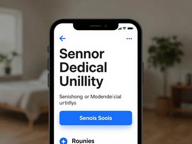 Front-on mockup of a high-contrast senior medical utility app showing large text and clear warning states, soft blue accents.