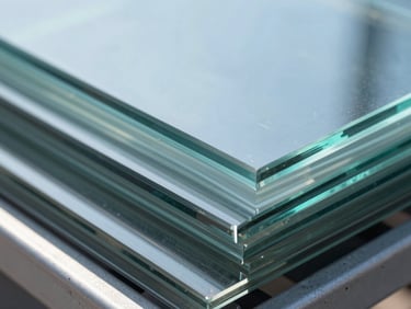 Close-up of low-iron glass sheets stacked on a rack, showing polished green-blue clear edges and high optical clarity.