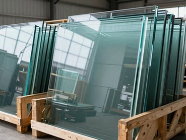 Industrial warehouse interior showing safely packed wooden export crates loaded with architectural glass sheets.