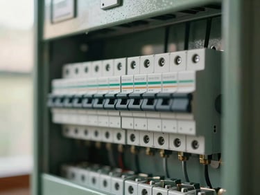 Close-up of a neatly installed, modern electrical panel with clearly labeled breakers, soft natural indoor daylight.
