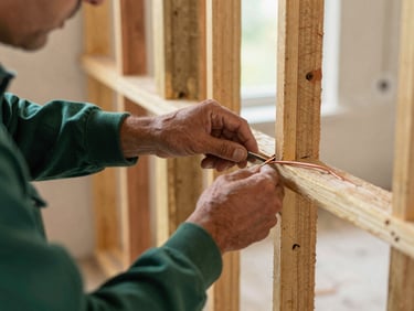 Electrician's hands carefully routing new copper wiring through a wall stud during a home renovation, clean and organized, warm indoor light.