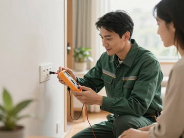Friendly electrician in clean uniform using a multimeter to check an electrical outlet, interacting with a homeowner in a well-lit living room, soft daylight.