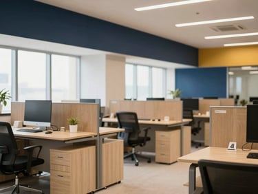 Modern, well-lit office space in Bengaluru, showcasing a clean, structured environment, professional editorial photography, deep navy and warm gold tones, bright natural office light, shallow depth of field