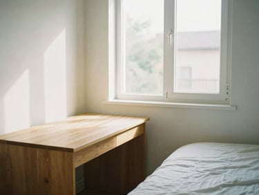 A bright single bedroom with a clean wooden study desk, neat bedsheet, and a large window letting in soft morning daylight, 35mm photography