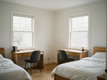 A clean double sharing bedroom with two separate beds, individual study desks, and bright airy windows, 35mm photography