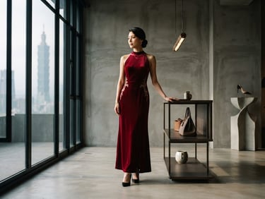 Elegant model in a burgundy evening dress standing in a minimalist, high-end Taipei showroom with dramatic window light, architectural concrete walls, medium format