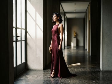 Elegant model in a burgundy satin evening dress standing in a minimalist architectural corridor, dramatic directional window light, rich deep tones with gold accents, medium format