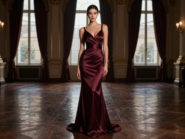 A model in a luxurious satin evening dress, full-body shot, standing in a grand ballroom with soft, dramatic lighting, high-contrast, rich deep tones.
