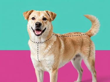 A clear, beautifully illustrated guide showing a happy dog with dashed lines indicating where to measure neck, chest, and back length, clean modern style with teal and magenta accents
