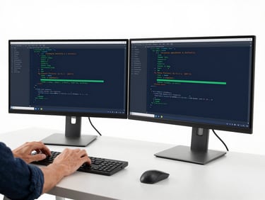 Clean minimalist workspace with a developer collaborating over code on dual monitors, hands on keyboard visible, bright studio lighting, 35mm