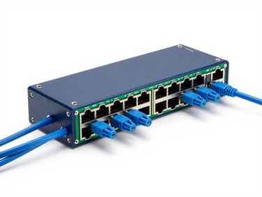 Crisp isolated enterprise hardware, a high-performance network switch with neat blue cables, bright studio lighting, sharp focus, 35mm