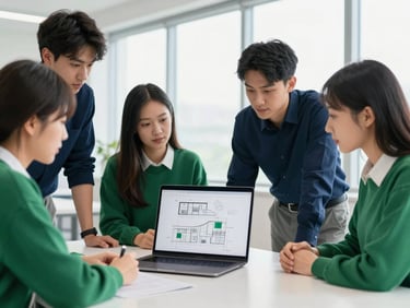 Modern classroom setup with students collaborating around a sleek laptop displaying architectural diagrams, bright natural window light, 35mm