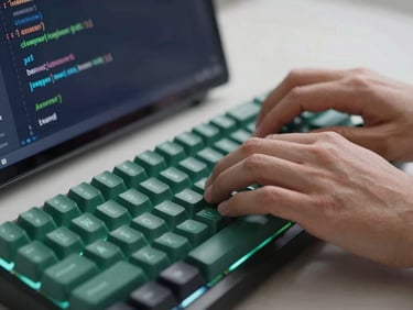 Close-up of hands typing clean code on a mechanical keyboard, soft glowing screen reflections, professional tech studio lighting, 35mm