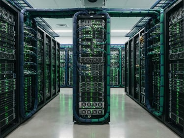 Crisp corporate tech photography of high-end server racks with soft green LED indicators, clean minimalist workspace, bright studio lighting, 35mm