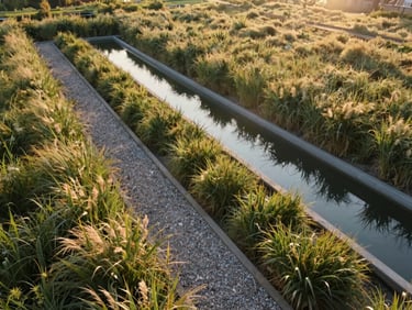Wide overhead view of a completed greywater wetland system, reed beds and gravel channels visible, golden afternoon light from the south