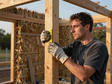 Environmental portrait of a natural builder measuring a timber post on a partially completed straw-bale structure, golden afternoon light, work gloves and tools visible