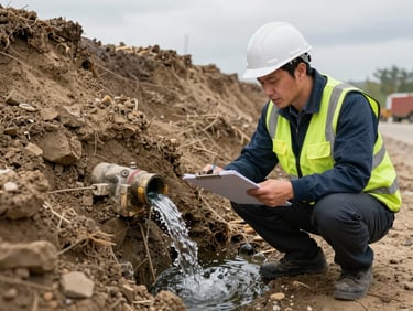 Documentary photograph of a water systems engineer testing flow rate at a swale outlet, clipboard in hand, earthwork embankment behind, overcast natural daylight