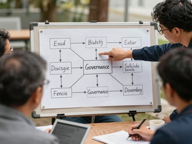 Documentary shot of a small group working through a governance workshop at an outdoor table, facilitator pointing to a hand-drawn decision-flow chart pinned to a board, natural daylight