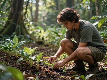 Permaculture designer crouching in a young food forest, measuring spacing between guild plantings, dappled morning light, humid Southeast climate