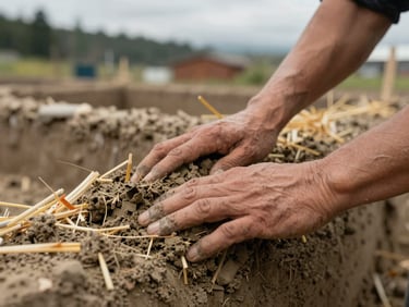 Close-up of a natural builder's hands pressing cob mixture into a wall form, straw visible in the earthen mix, overcast Pacific Northwest daylight