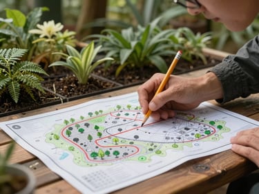 Close environmental shot of a permaculture designer marking zone boundaries on a site map spread across a wooden table outdoors, pencil in hand, established food forest visible behind