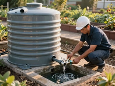 Wide shot of a corrugated water tank being plumbed into a greywater reed bed, engineer crouching to connect pipe fittings, late afternoon light, garden beds visible in background