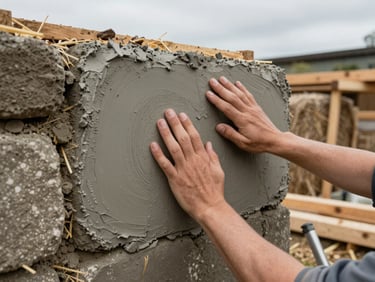 Close environmental portrait of a natural builder examining a freshly plastered cob wall section outdoors, hands pressed into the surface checking texture, overcast natural daylight, lumber and straw bales visible in the background