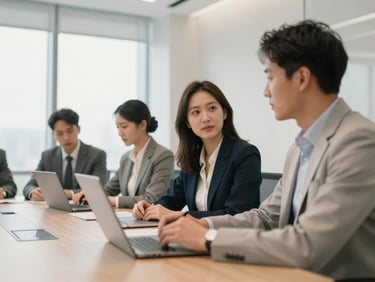 A modern office meeting room with clean architectural lines, focused professionals collaborating, shallow depth of field