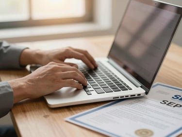 Close-up of hands typing on a laptop next to an official SEP certificate on a clean wooden desk, soft warm lighting