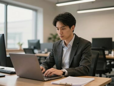 A focused professional working in a modern hybrid workspace with a notebook, warm interior lighting, professional atmosphere