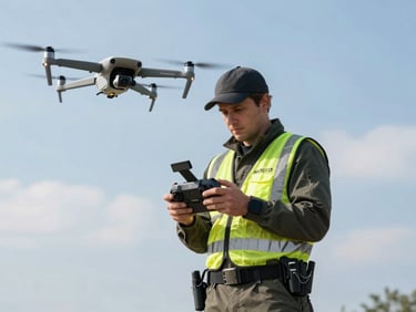 A professional drone pilot in high-visibility gear holding a rugged control interface on an aerial surveying site, daylight.