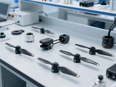 High-end drone components and carbon fiber propellers resting on a clean laboratory workbench, high-key technical studio lighting.